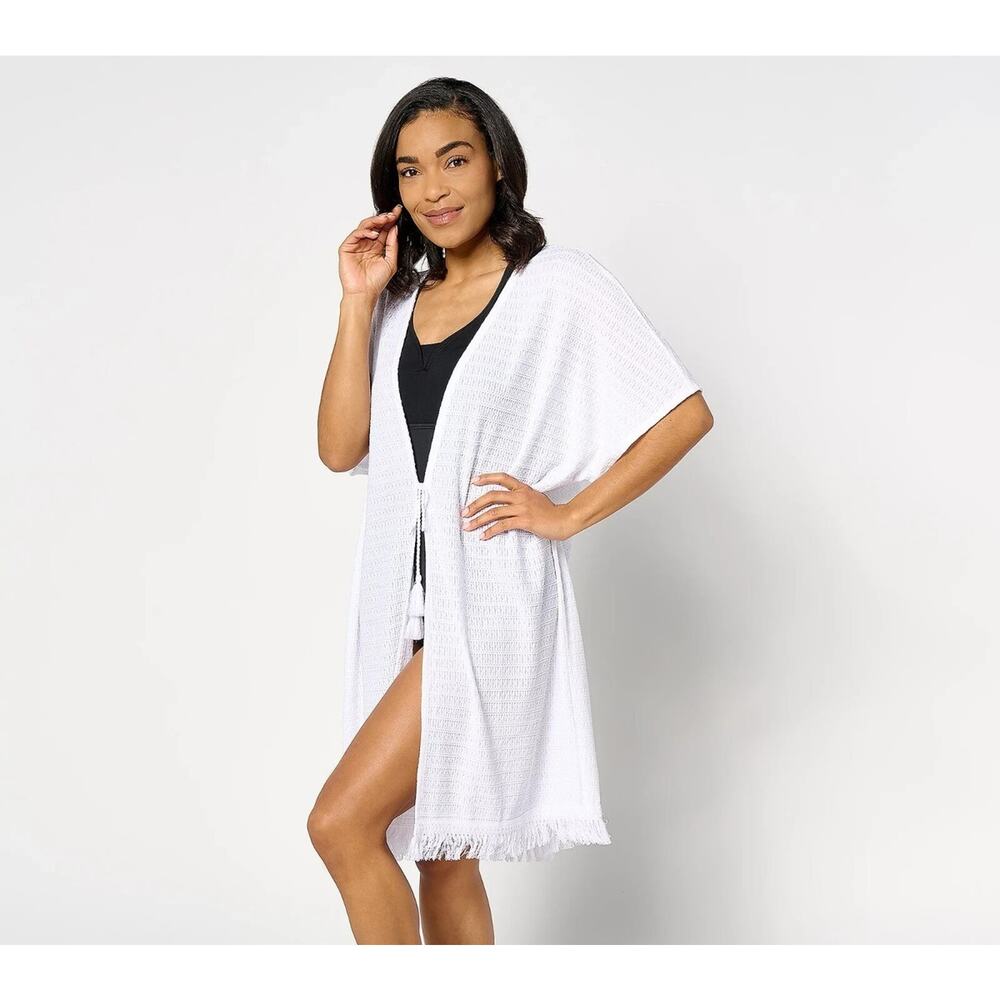 Denim & Co Womens Tie Front Bathing Suit Cover Up Size XS/S White Fringe Boho